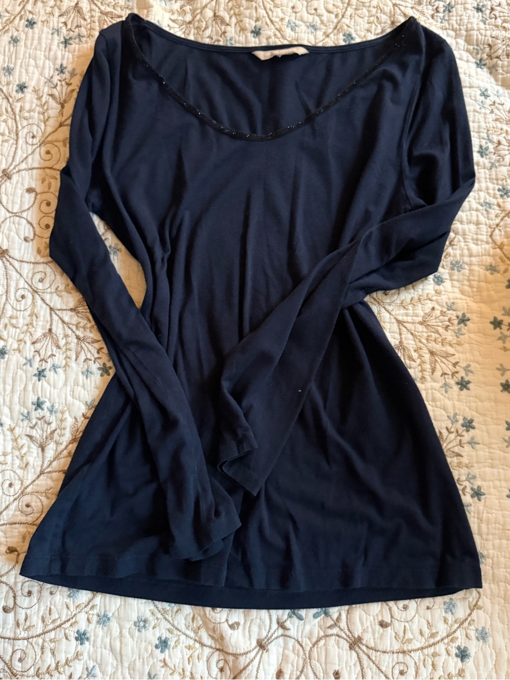 Banana Republic Navy Long-Sleeve Scoop Neck Top with Beaded Trim
